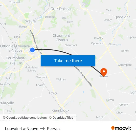 Louvain-La-Neuve to Perwez map