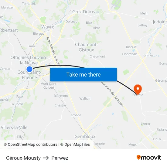 Céroux-Mousty to Perwez map