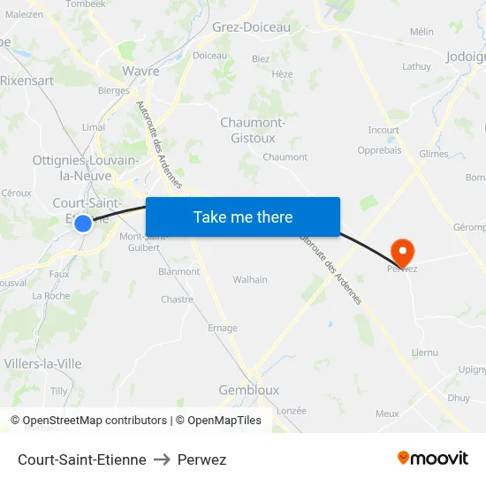 Court-Saint-Etienne to Perwez map