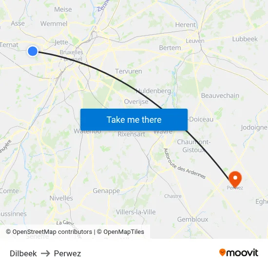 Dilbeek to Perwez map