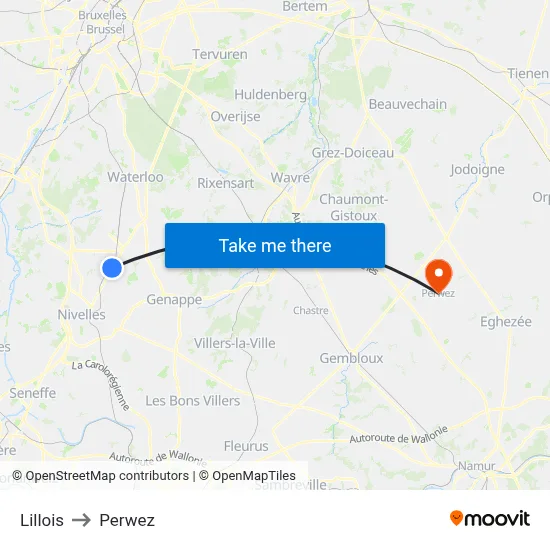 Lillois to Perwez map