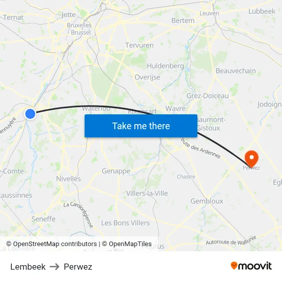 Lembeek to Perwez map