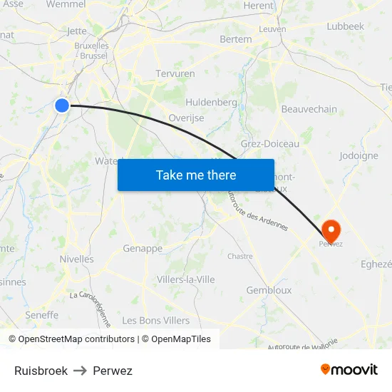Ruisbroek to Perwez map