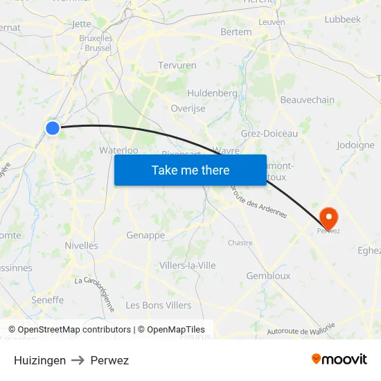Huizingen to Perwez map