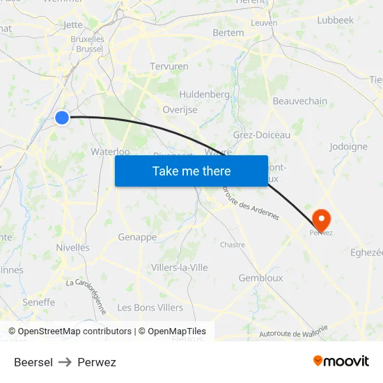 Beersel to Perwez map