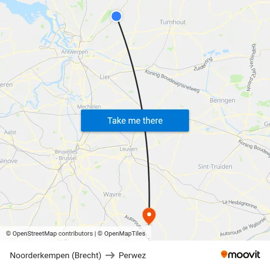 North Kempen (Brecht) to Perwez map