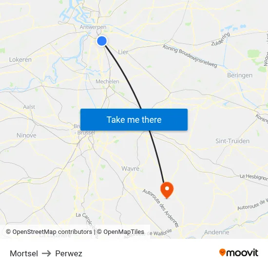 Mortsel to Perwez map