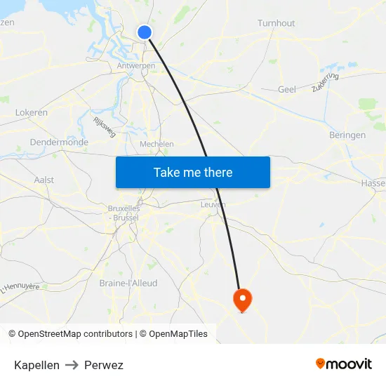 Kapellen to Perwez map