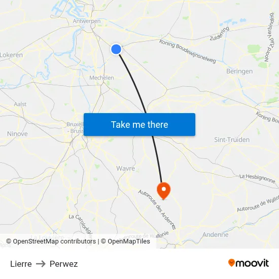 Lierre to Perwez map