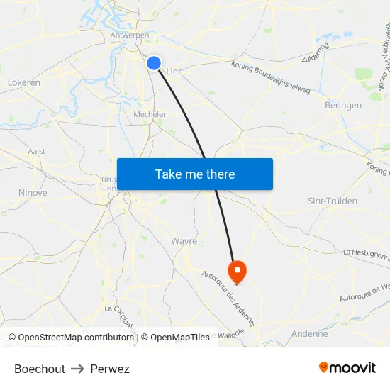 Boechout to Perwez map