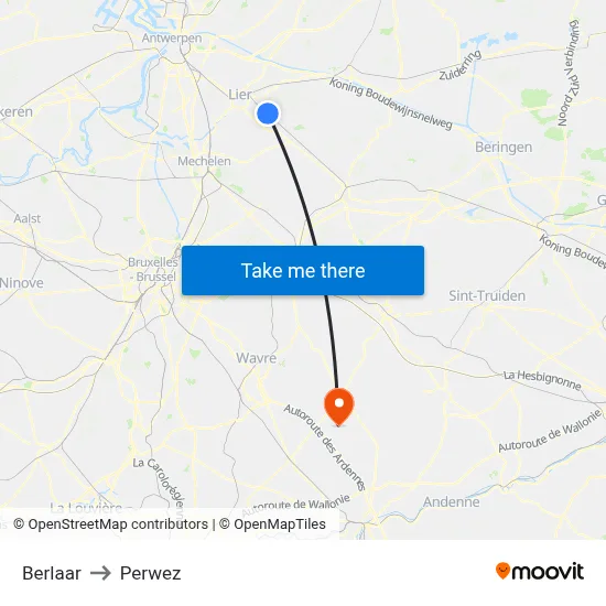 Berlaar to Perwez map