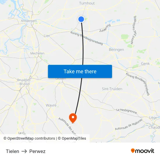 Tielen to Perwez map