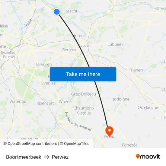 Boortmeerbeek to Perwez map