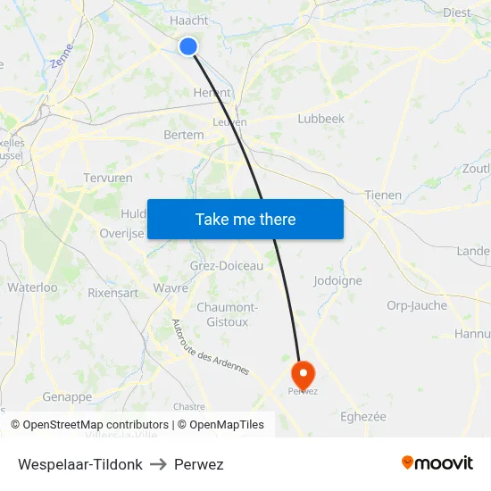 Wespelaar-Tildonk to Perwez map