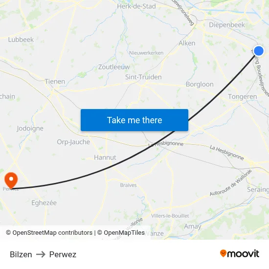 Bilzen to Perwez map