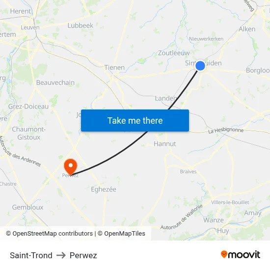 Saint-Trond to Perwez map