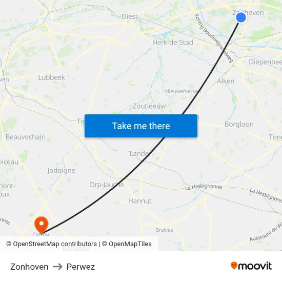 Zonhoven to Perwez map