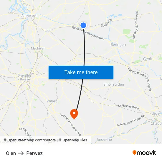 Olen to Perwez map