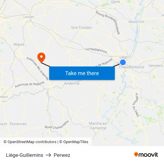 Liège-Guillemins to Perwez map