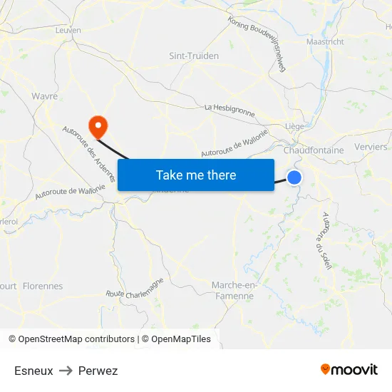 Esneux to Perwez map
