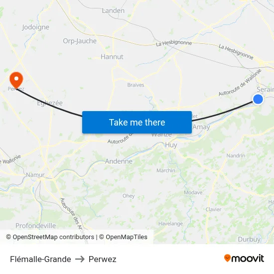 Flemalle-Grande to Perwez map