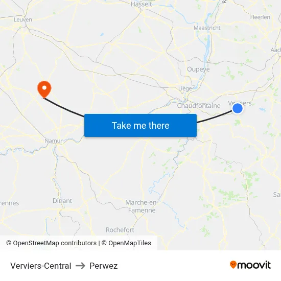 Verviers-Central to Perwez map