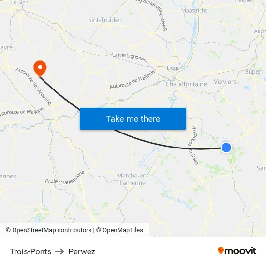 Trois-Ponts to Perwez map
