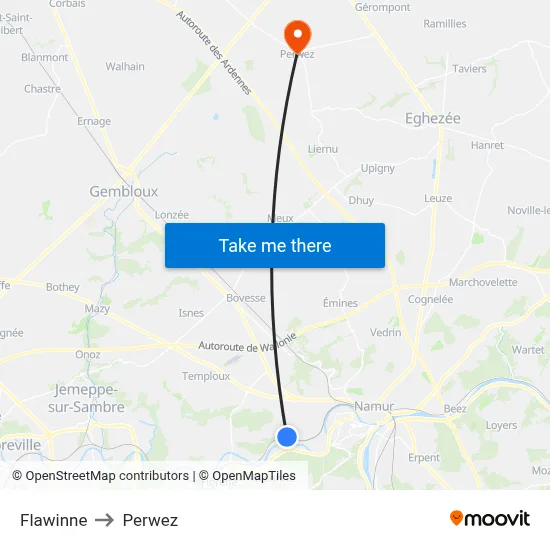 Flawinne to Perwez map
