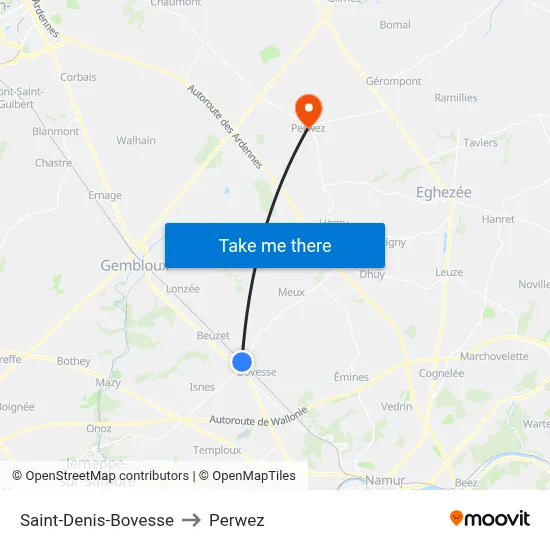 Saint-Denis-Bovesse to Perwez map