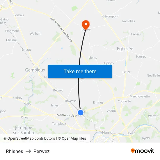 Rhisnes to Perwez map
