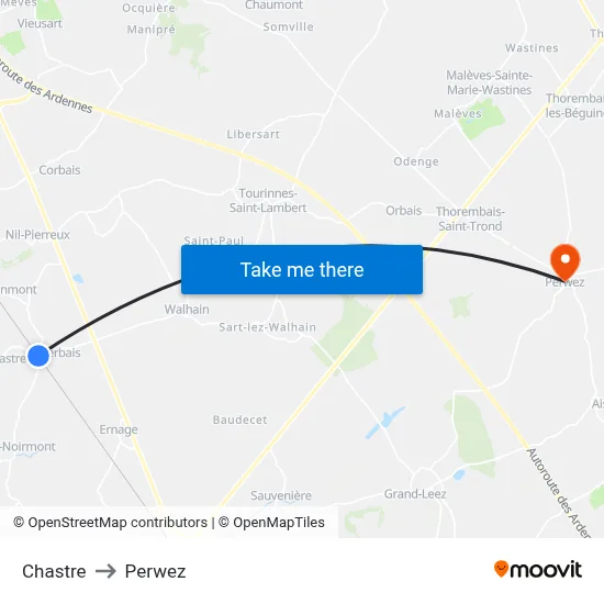 Chastre to Perwez map