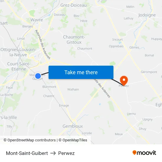 Mont-Saint-Guibert to Perwez map