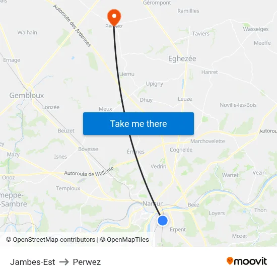 Jambes-East to Perwez map