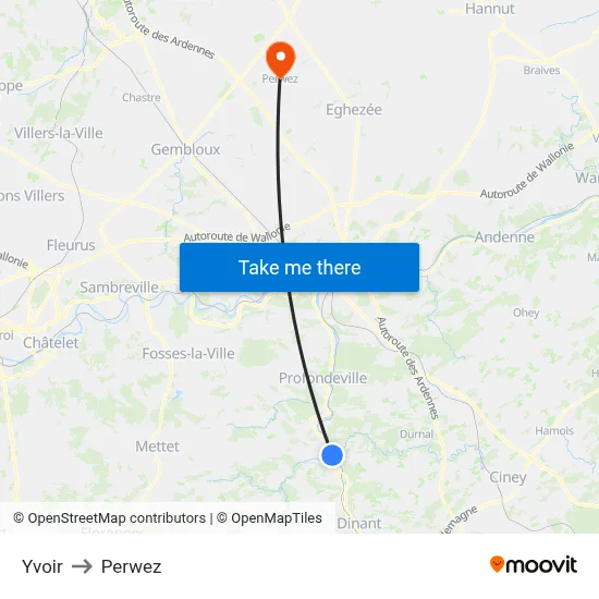 Yvoir to Perwez map