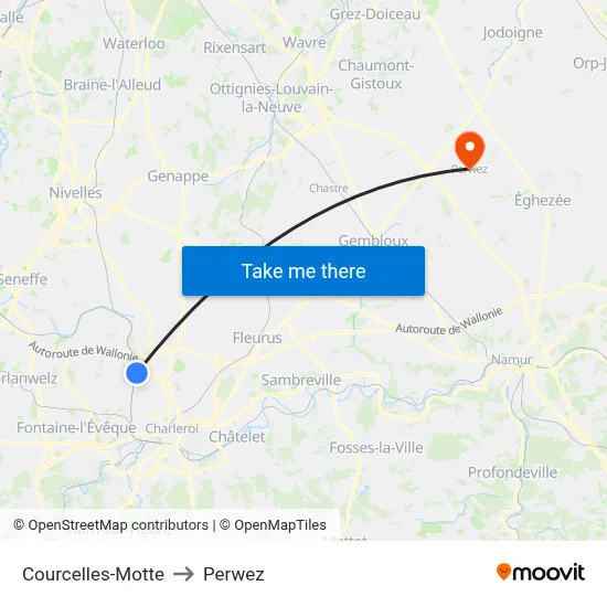 Courcelles-Motte to Perwez map