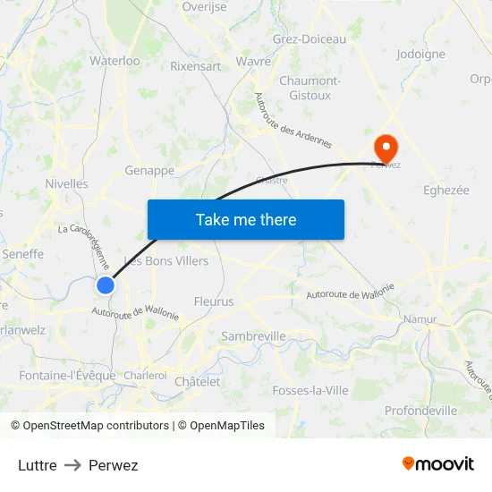 Luttre to Perwez map