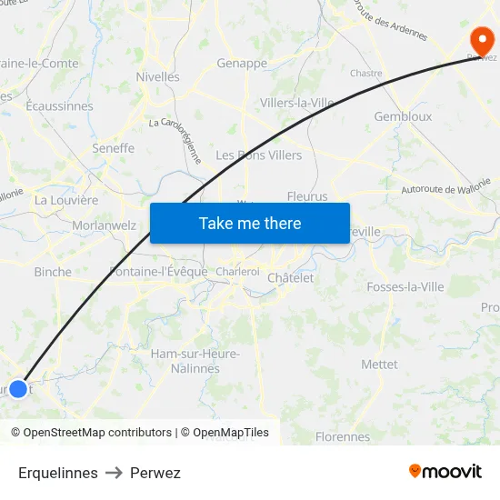 Erquelinnes to Perwez map