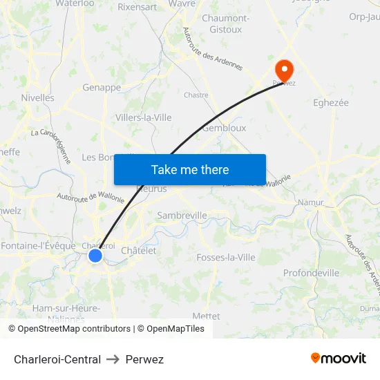 Charleroi Central to Perwez map