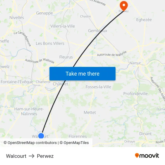 Walcourt to Perwez map