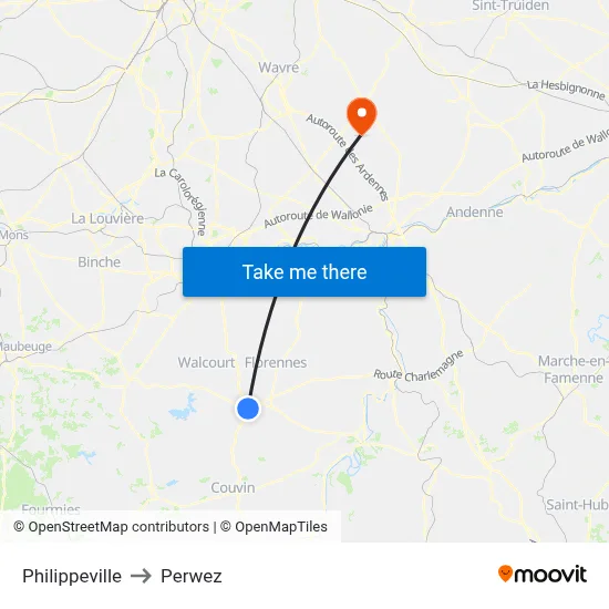 Philippeville to Perwez map