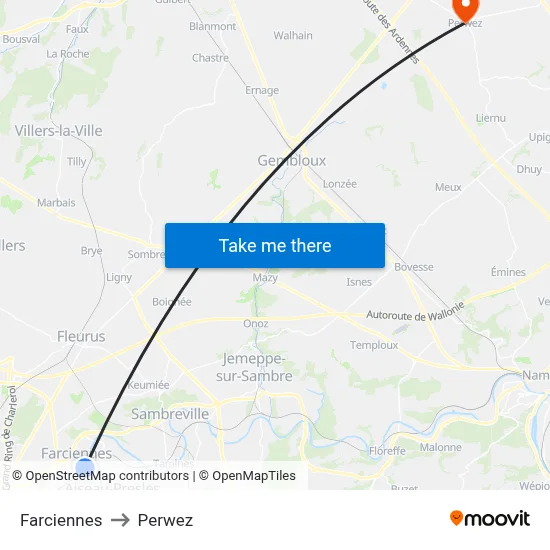 Farciennes to Perwez map