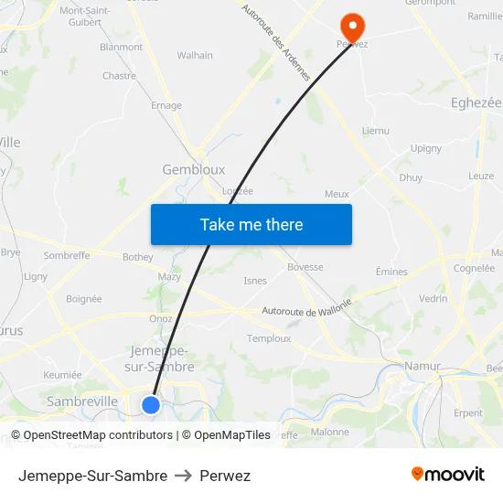 Jemeppe-Sur-Sambre to Perwez map