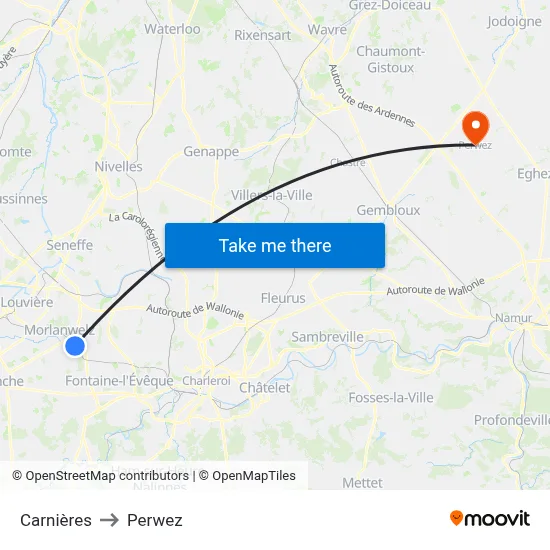 Carnières to Perwez map