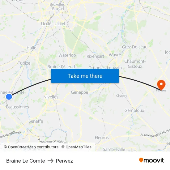 Braine-Le-Comte to Perwez map