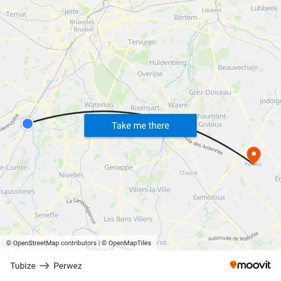 Tubize to Perwez map