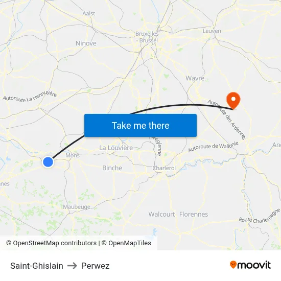 Saint-Ghislain to Perwez map