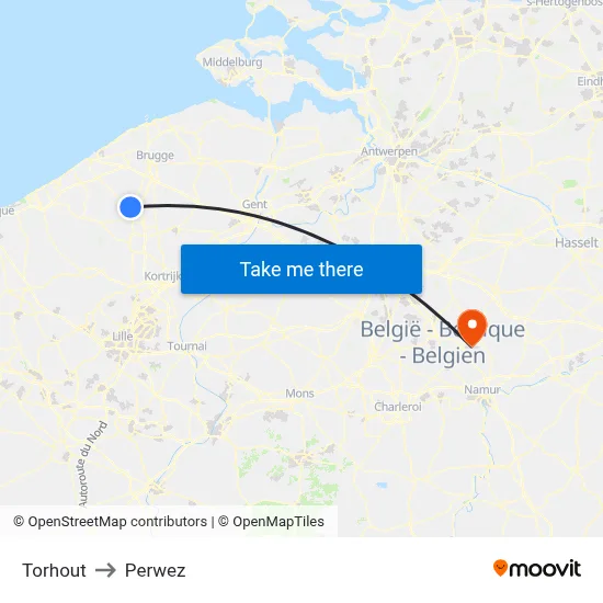 Torhout to Perwez map
