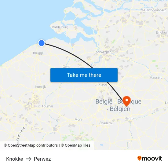 Knokke to Perwez map