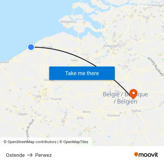Ostend to Perwez map