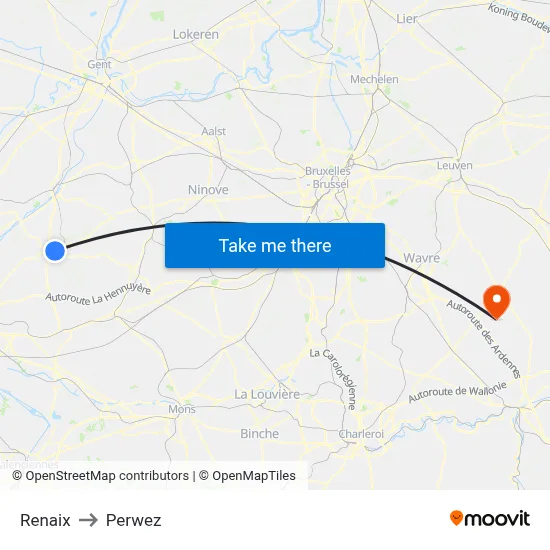 Renaix to Perwez map